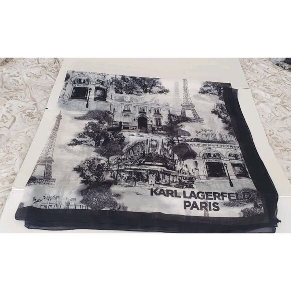 NWT KARL LAGERFELD PARIS LANDSCAPE PRINT LOGO BLACK GREY SQUARE OVERSIZED WRAP - Picture 3 of 5